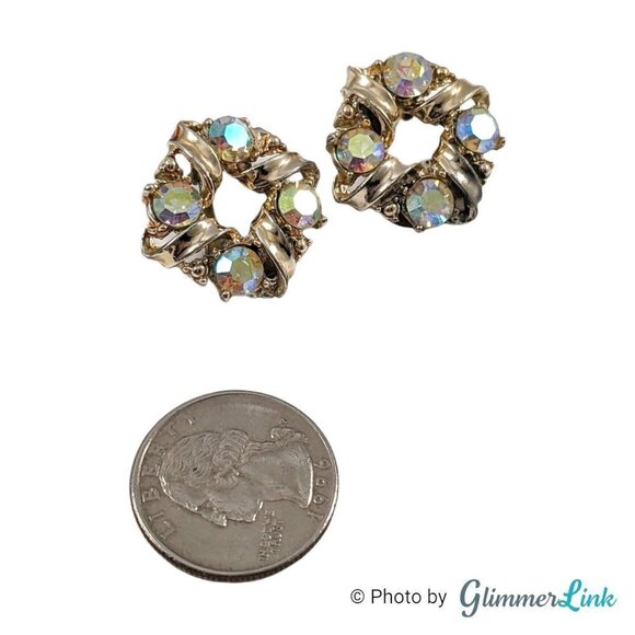 Vintage AB Aurora Borealis Circular Wreath Gold Tone Clip On Earrings - Picture 5 of 8